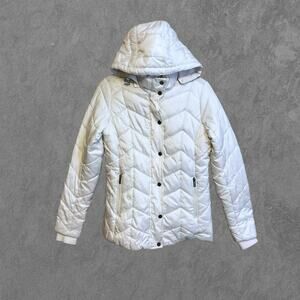St‎ John’s Bay Petite Small PS Off White Quilted Puffer Jacket Hooded Zip Coat